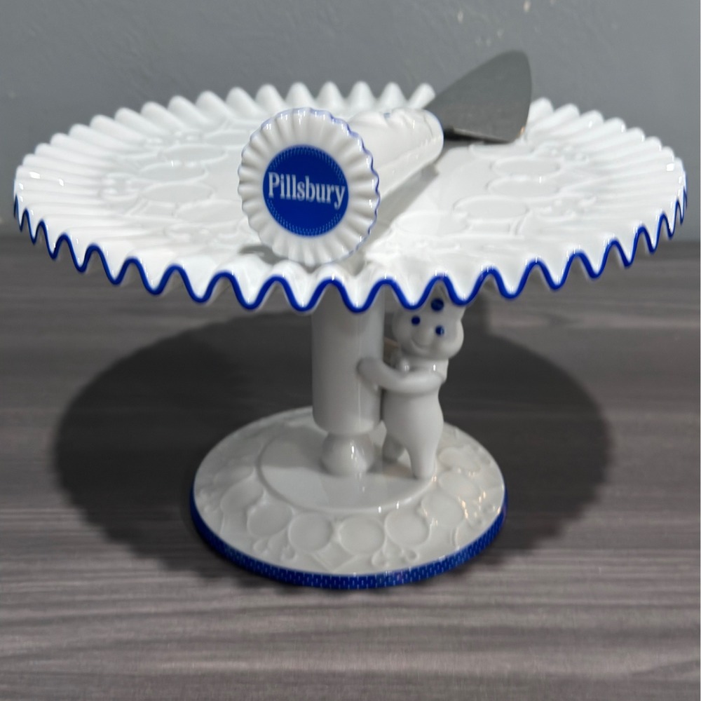 Pillsbury Doughboy Footed Cake Stand and Server Set Danbury Mint 2004 White Blue